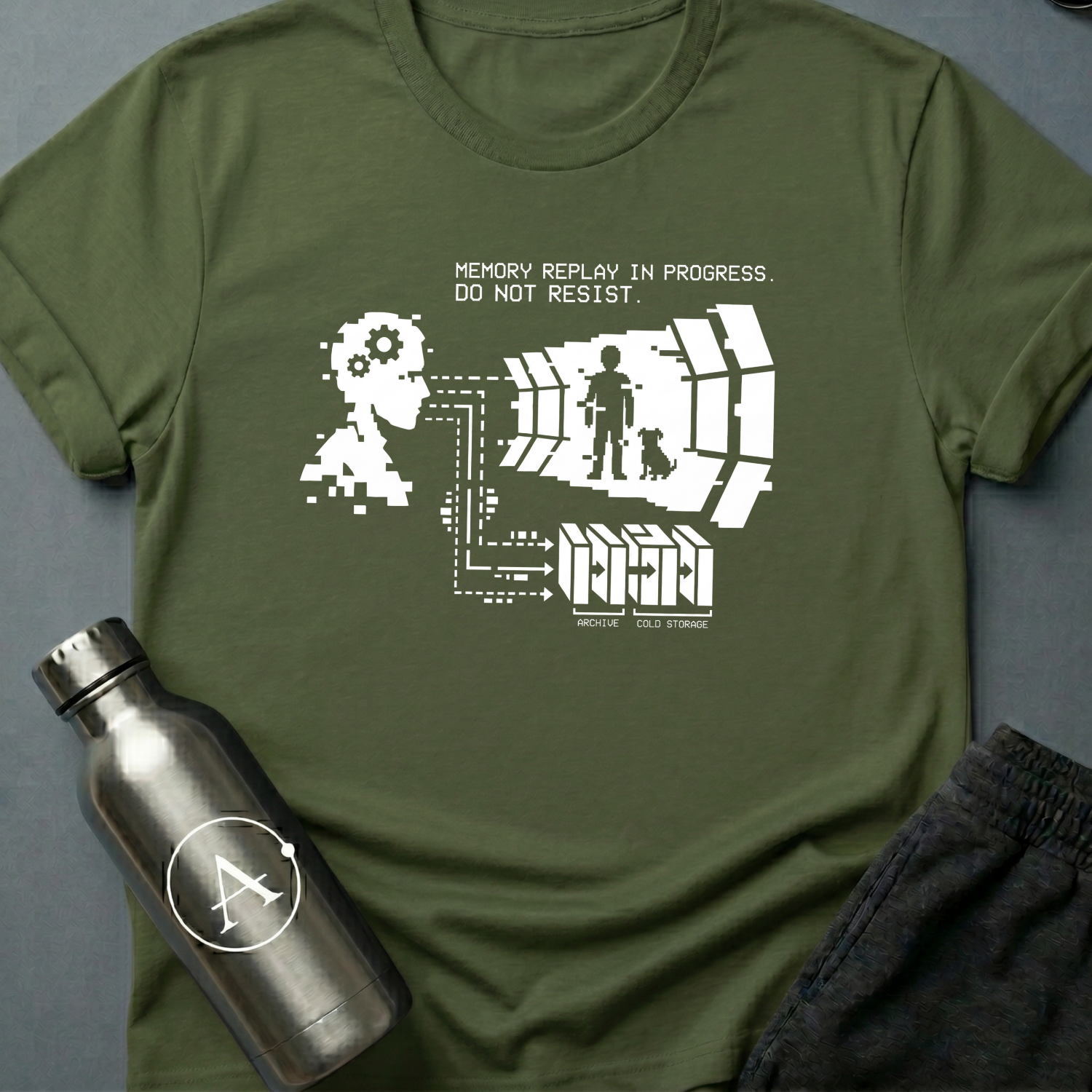 They Kept the Dog sci-fi t-shirt — a pixelated head projecting a memory of a boy and a dog, wired to server racks labeled archive and cold storage — Military Green unisex tee — Apsion Outpost