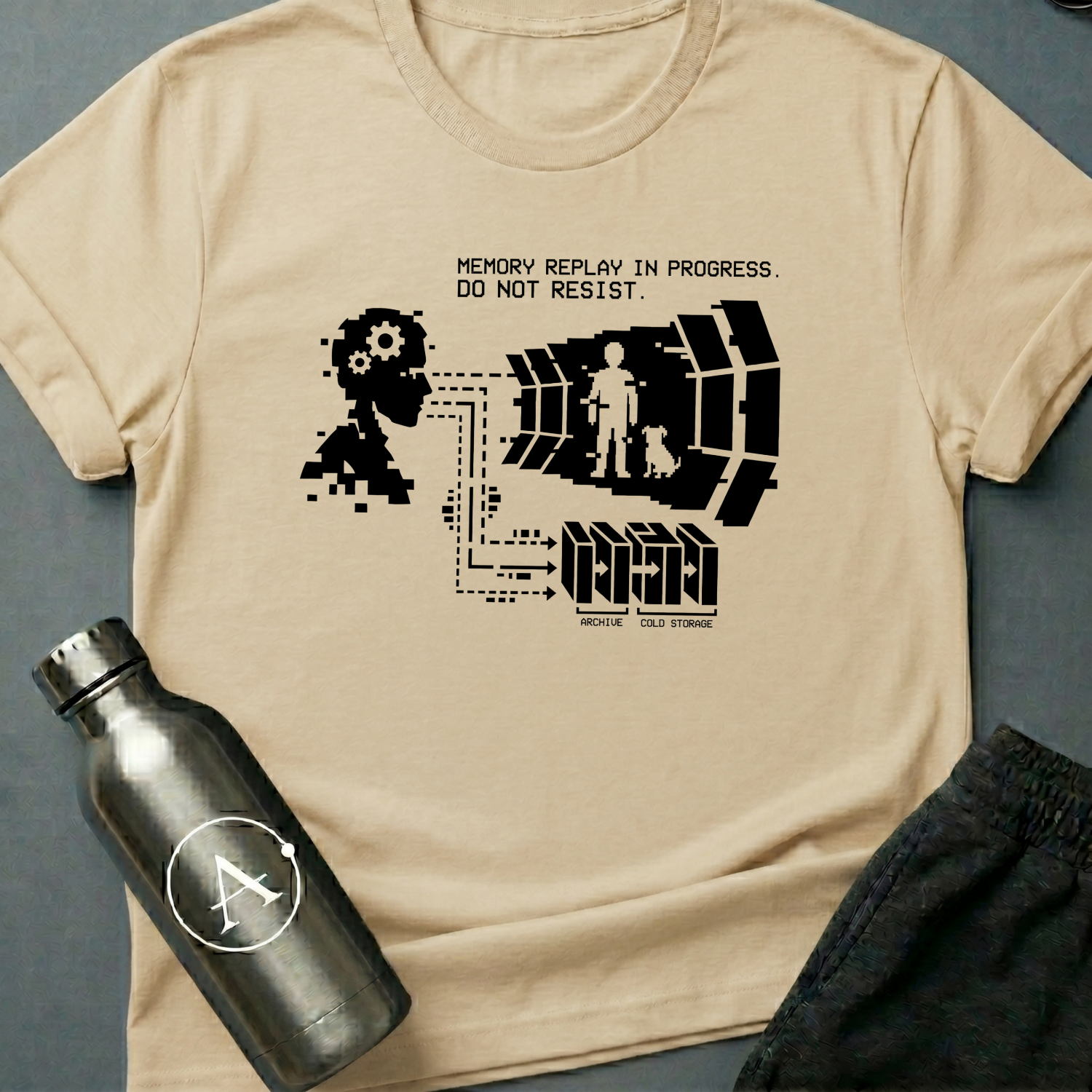 They Kept the Dog sci-fi t-shirt — a pixelated head projecting a memory of a boy and a dog, wired to server racks labeled archive and cold storage — Natural unisex tee — Apsion Outpost