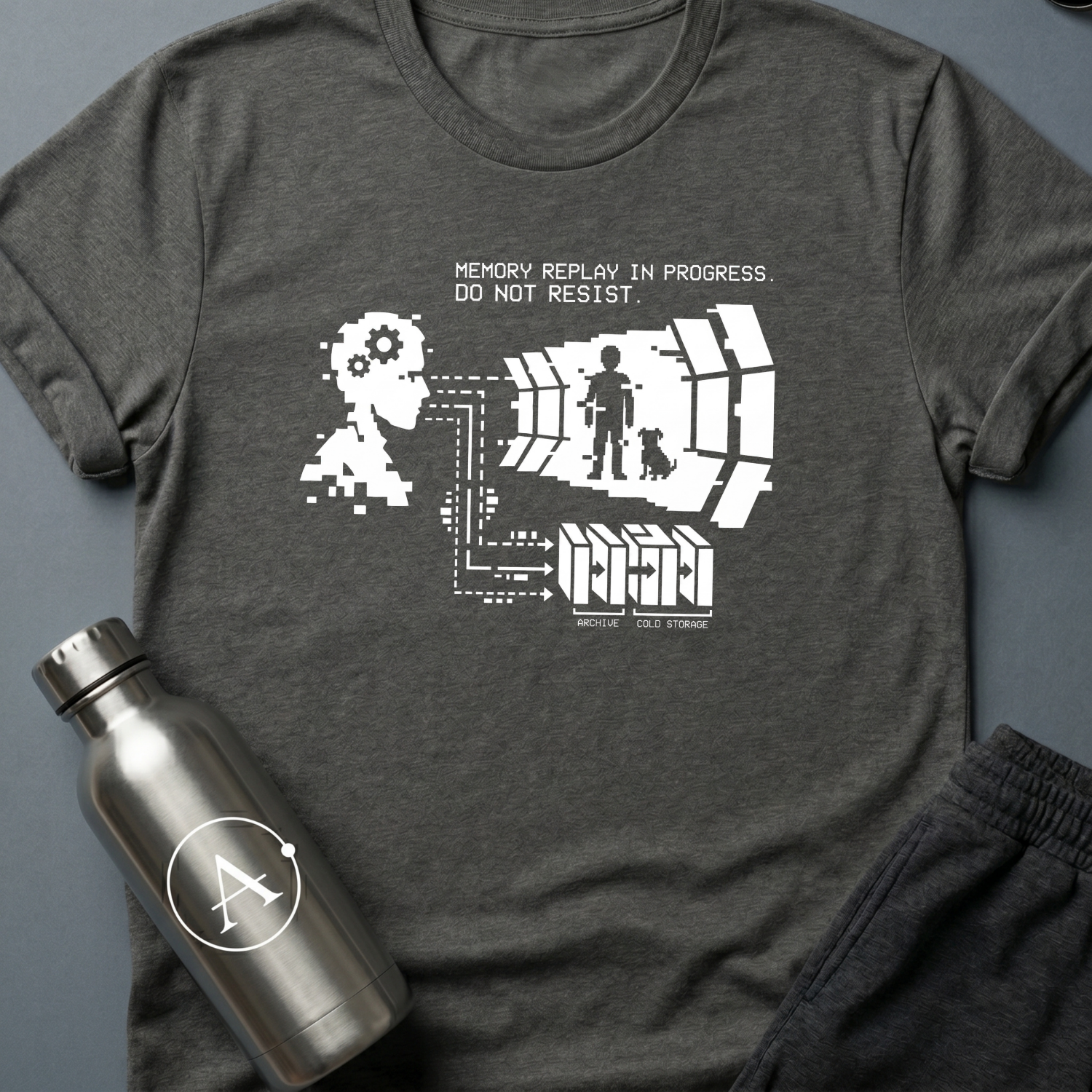 They Kept the Dog sci-fi t-shirt — a pixelated head projecting a memory of a boy and a dog, wired to server racks labeled archive and cold storage — Dark Heather unisex tee — Apsion Outpost