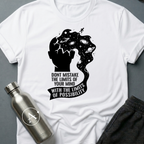 Ceiling Was Painted On sci-fi t-shirt — a head opening into deep space with a tiny figure walking off the edge, above a banner of text — White unisex tee — Apsion Outpost