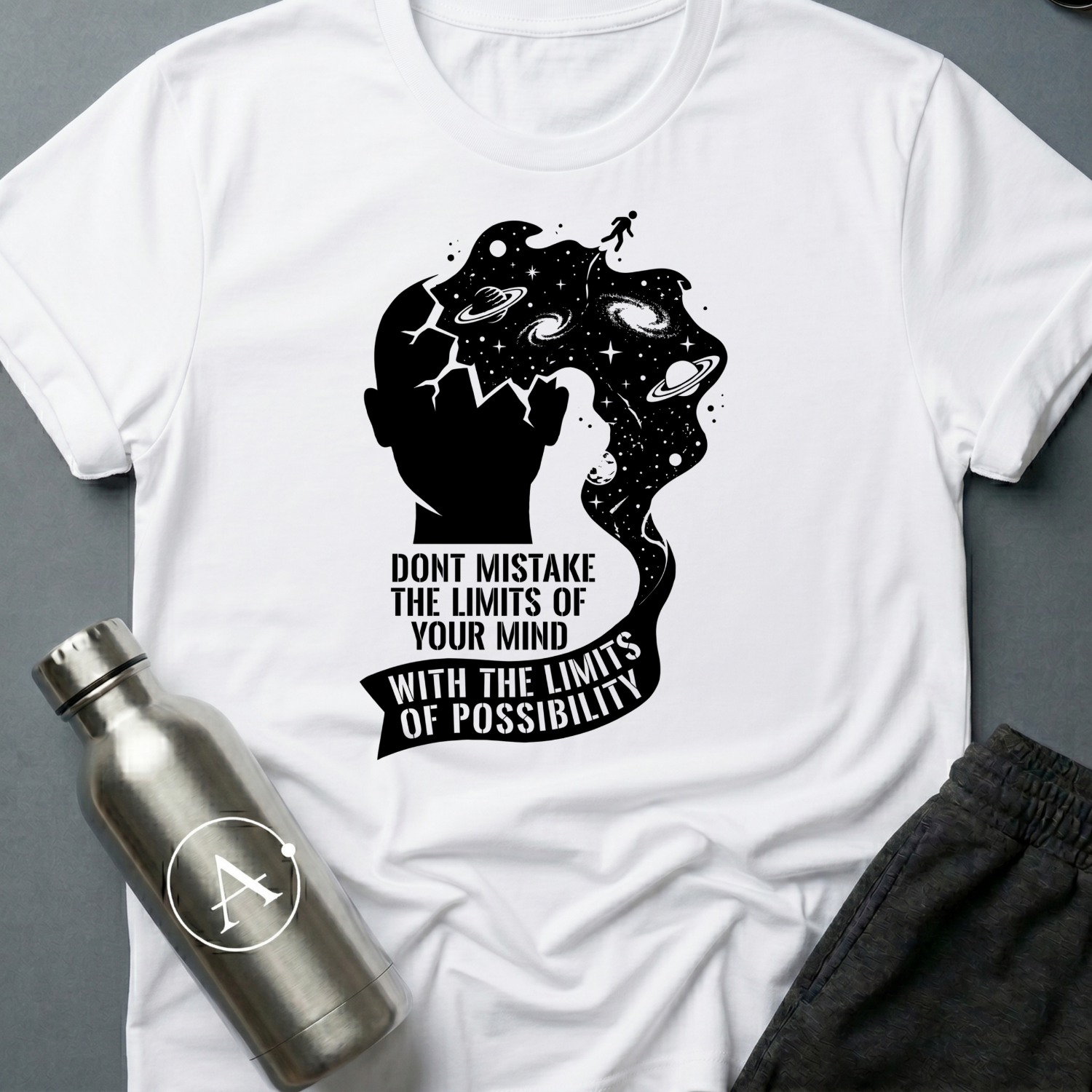 Ceiling Was Painted On sci-fi t-shirt — a head opening into deep space with a tiny figure walking off the edge, above a banner of text — White unisex tee — Apsion Outpost
