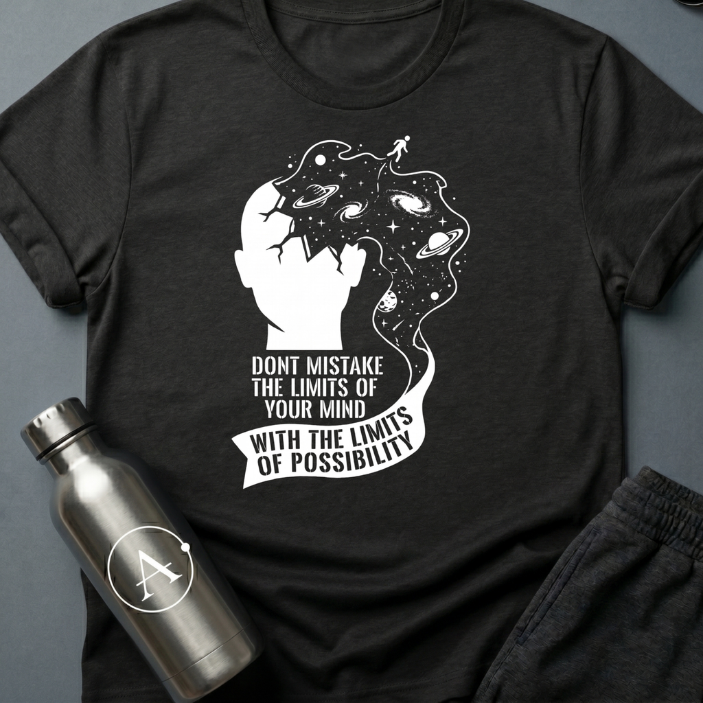 Ceiling Was Painted On sci-fi t-shirt — a head opening into deep space with a tiny figure walking off the edge, above a banner of text — Black unisex tee — Apsion Outpost
