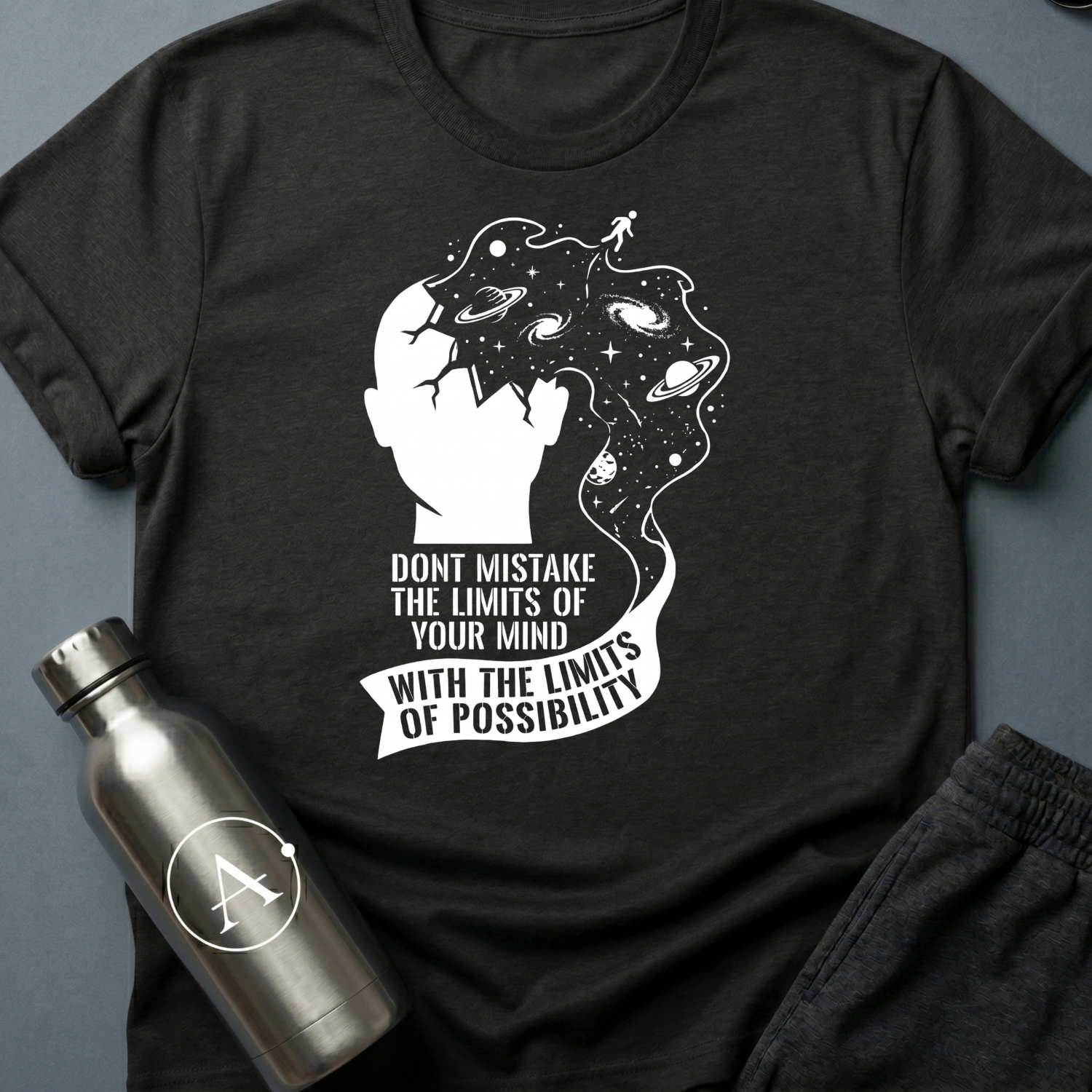 Ceiling Was Painted On sci-fi t-shirt — a head opening into deep space with a tiny figure walking off the edge, above a banner of text — Black unisex tee — Apsion Outpost