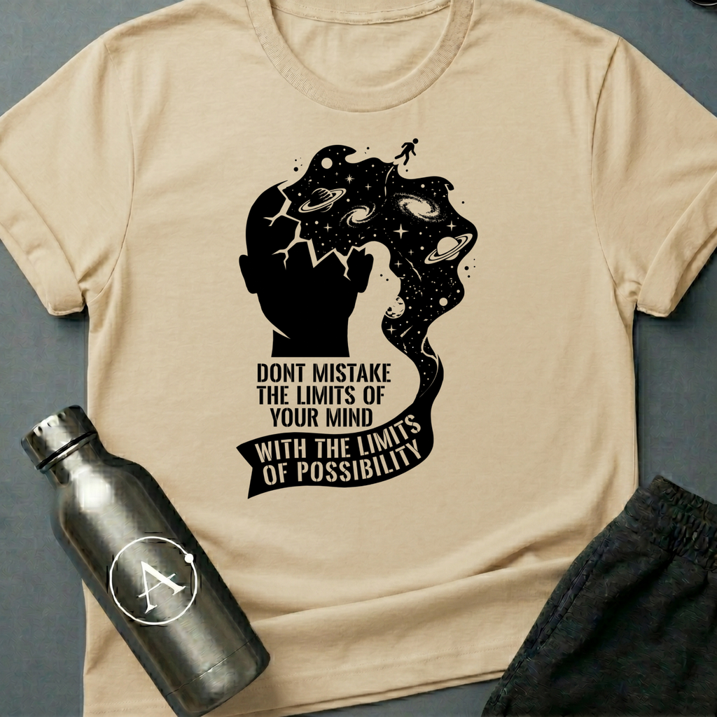 Ceiling Was Painted On sci-fi t-shirt — a head opening into deep space with a tiny figure walking off the edge, above a banner of text — Natural unisex tee — Apsion Outpost