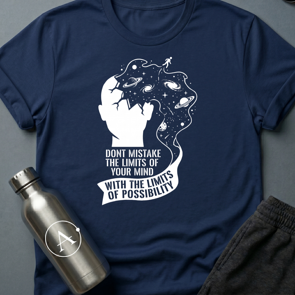 Ceiling Was Painted On sci-fi t-shirt — a head opening into deep space with a tiny figure walking off the edge, above a banner of text — Navy unisex tee — Apsion Outpost