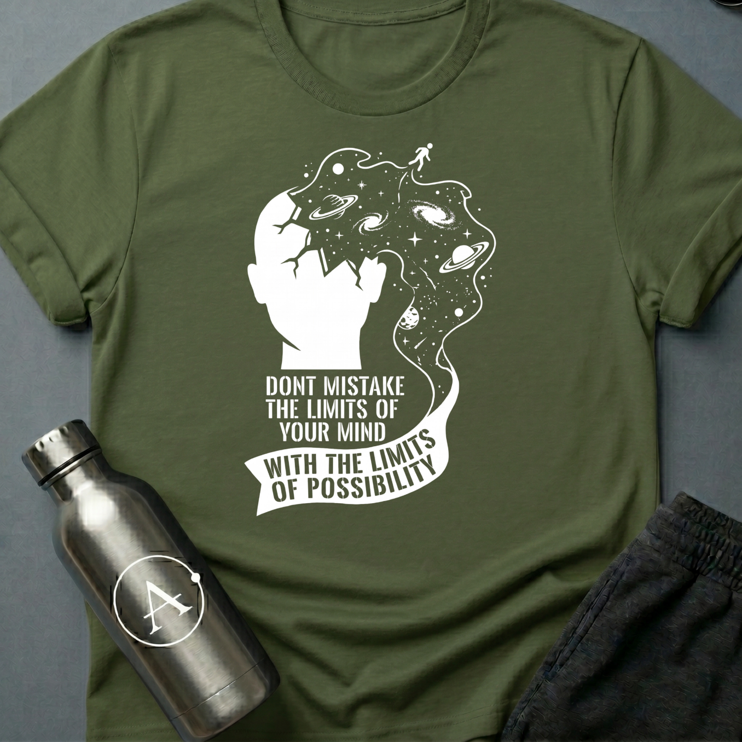 Ceiling Was Painted On sci-fi t-shirt — a head opening into deep space with a tiny figure walking off the edge, above a banner of text — Military Green unisex tee — Apsion Outpost