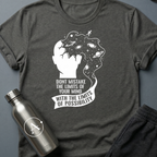 Ceiling Was Painted On sci-fi t-shirt — a head opening into deep space with a tiny figure walking off the edge, above a banner of text — Dark Heather unisex tee — Apsion Outpost