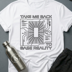 Homesick for Somewhere Else sci-fi t-shirt — a receding wireframe corridor inside a circuit-board border — White unisex tee — Apsion Outpost
