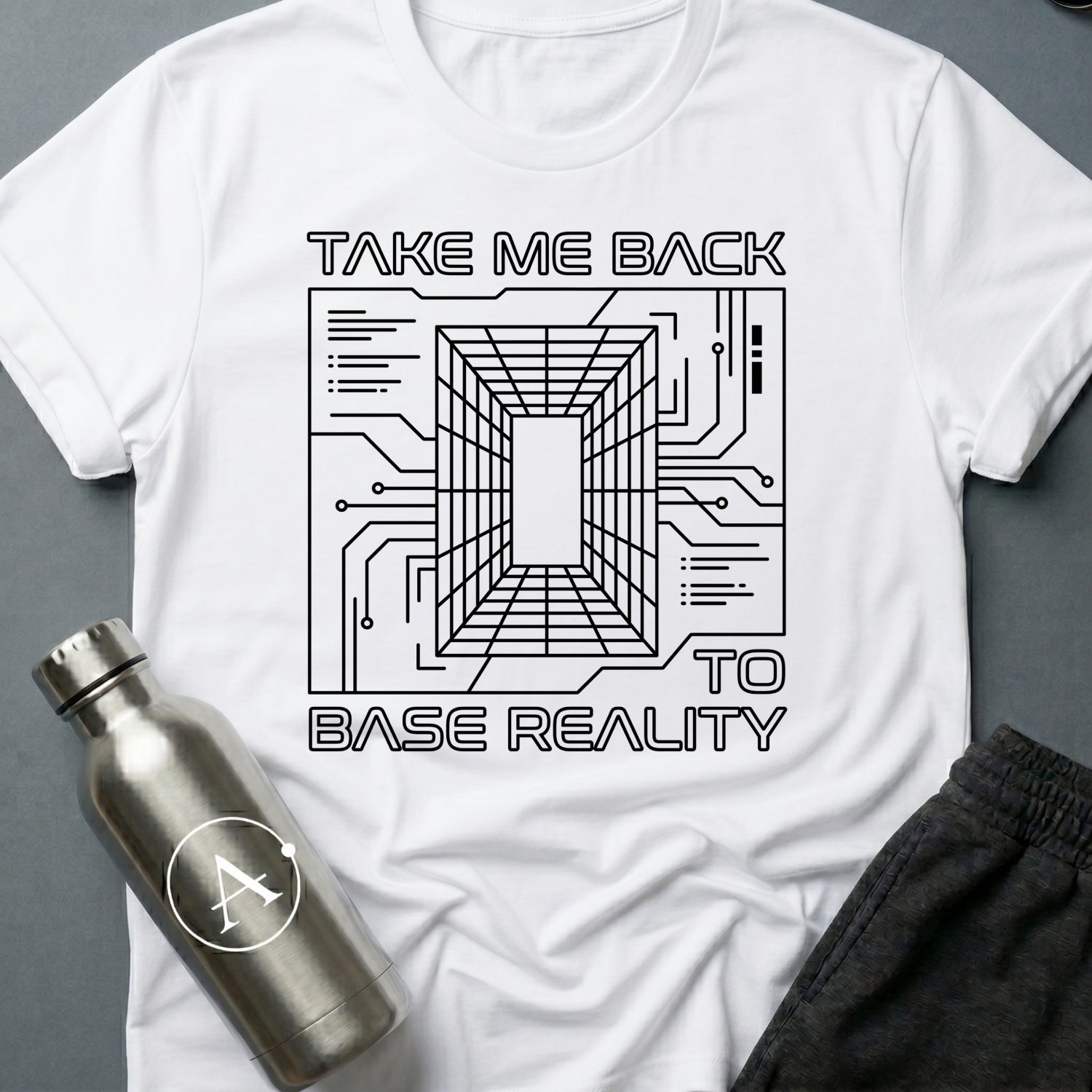 Homesick for Somewhere Else sci-fi t-shirt — a receding wireframe corridor inside a circuit-board border — White unisex tee — Apsion Outpost