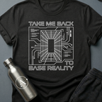 Homesick for Somewhere Else sci-fi t-shirt — a receding wireframe corridor inside a circuit-board border — Black unisex tee — Apsion Outpost