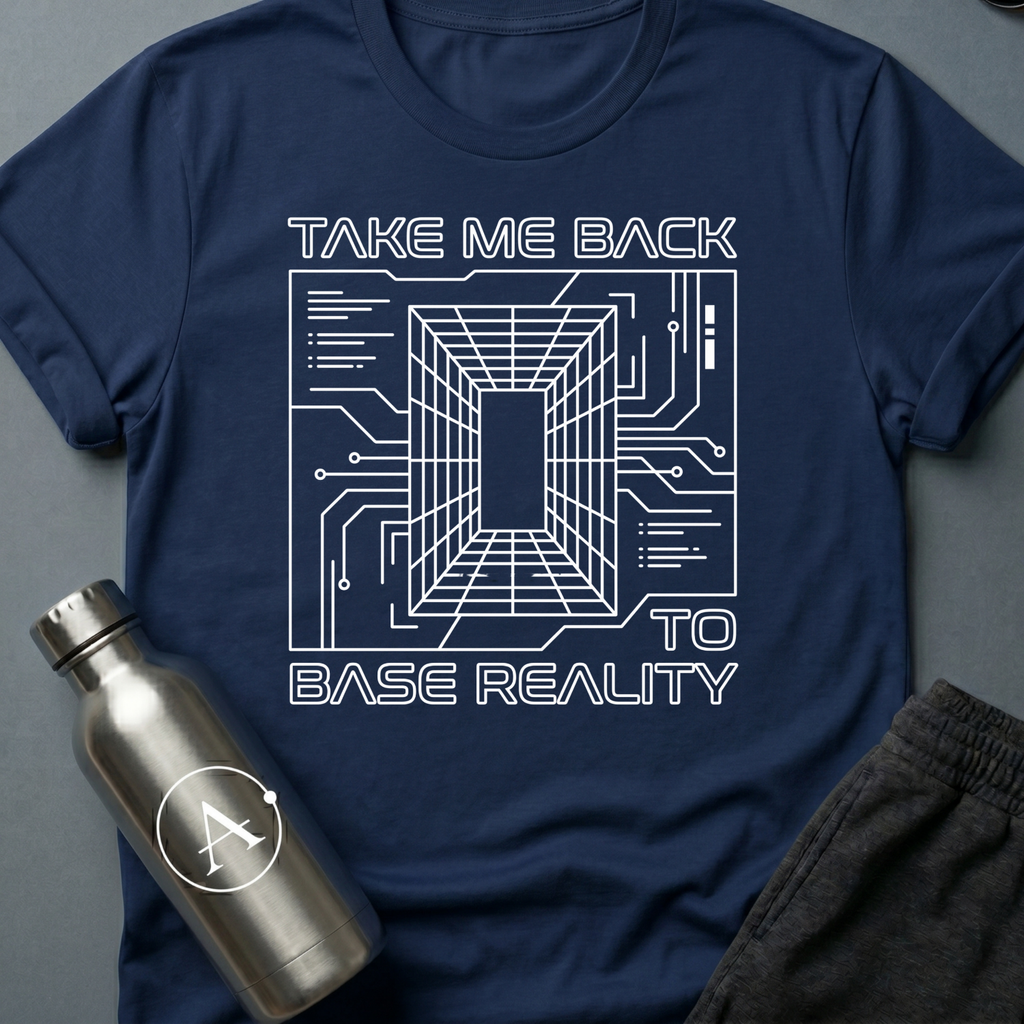 Homesick for Somewhere Else sci-fi t-shirt — a receding wireframe corridor inside a circuit-board border — Navy unisex tee — Apsion Outpost