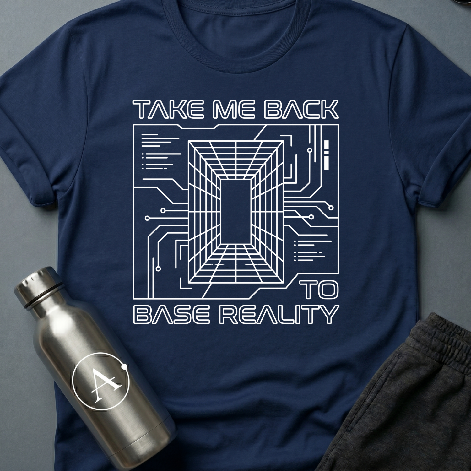 Homesick for Somewhere Else sci-fi t-shirt — a receding wireframe corridor inside a circuit-board border — Navy unisex tee — Apsion Outpost