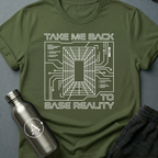 Homesick for Somewhere Else sci-fi t-shirt — a receding wireframe corridor inside a circuit-board border — Military Green unisex tee — Apsion Outpost