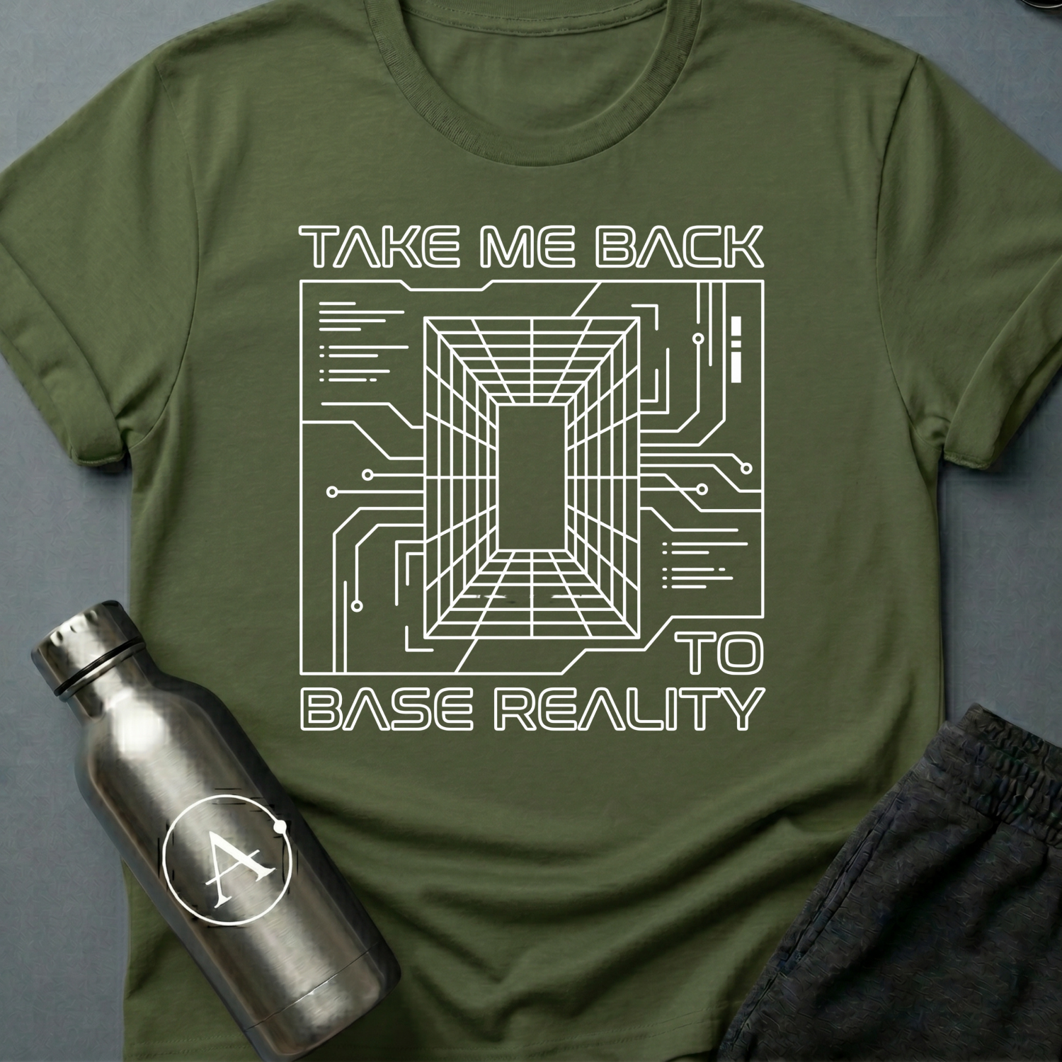 Homesick for Somewhere Else sci-fi t-shirt — a receding wireframe corridor inside a circuit-board border — Military Green unisex tee — Apsion Outpost