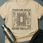 Homesick for Somewhere Else sci-fi t-shirt — a receding wireframe corridor inside a circuit-board border — Natural unisex tee — Apsion Outpost