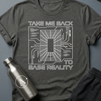 Homesick for Somewhere Else sci-fi t-shirt — a receding wireframe corridor inside a circuit-board border — Dark Heather unisex tee — Apsion Outpost