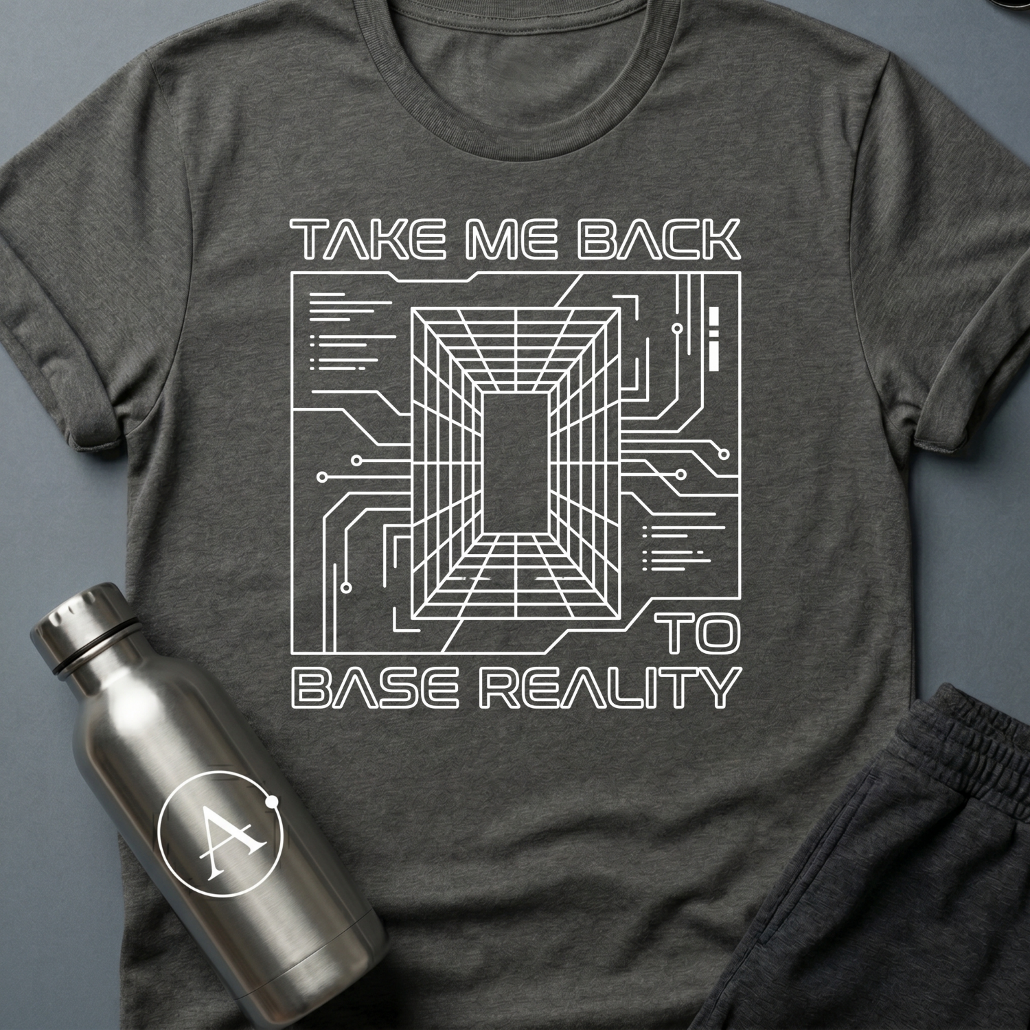 Homesick for Somewhere Else sci-fi t-shirt — a receding wireframe corridor inside a circuit-board border — Dark Heather unisex tee — Apsion Outpost