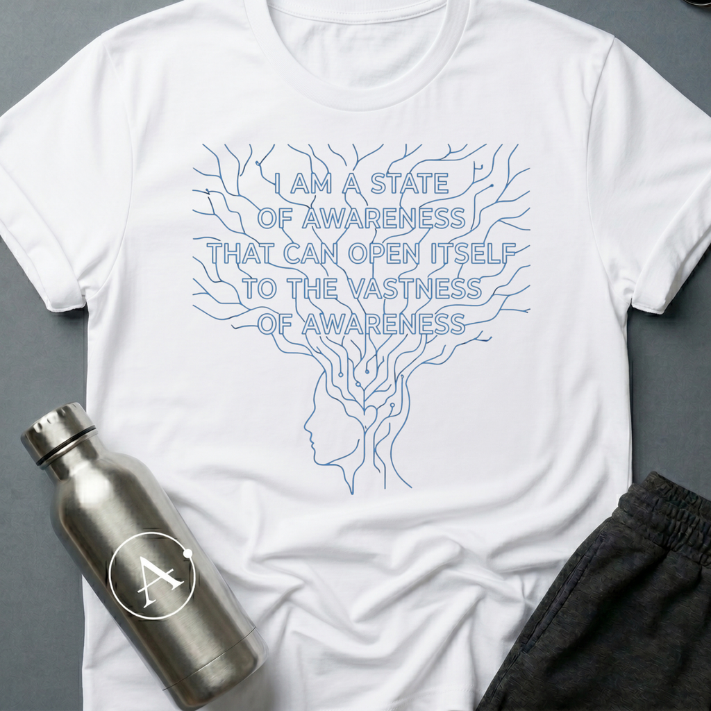 More Than Meat sci-fi t-shirt — a line-drawn profile head branching upward into a wide root system that frames the text — White unisex tee — Apsion Outpost