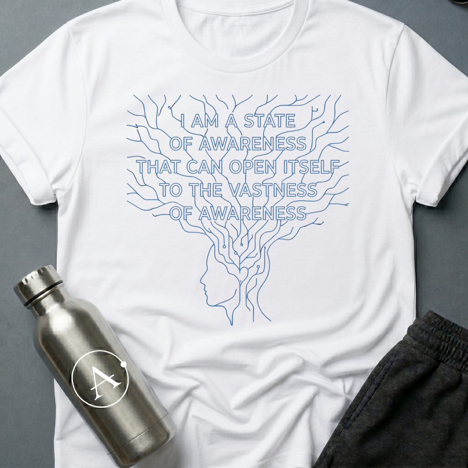 More Than Meat sci-fi t-shirt — a line-drawn profile head branching upward into a wide root system that frames the text — White unisex tee — Apsion Outpost