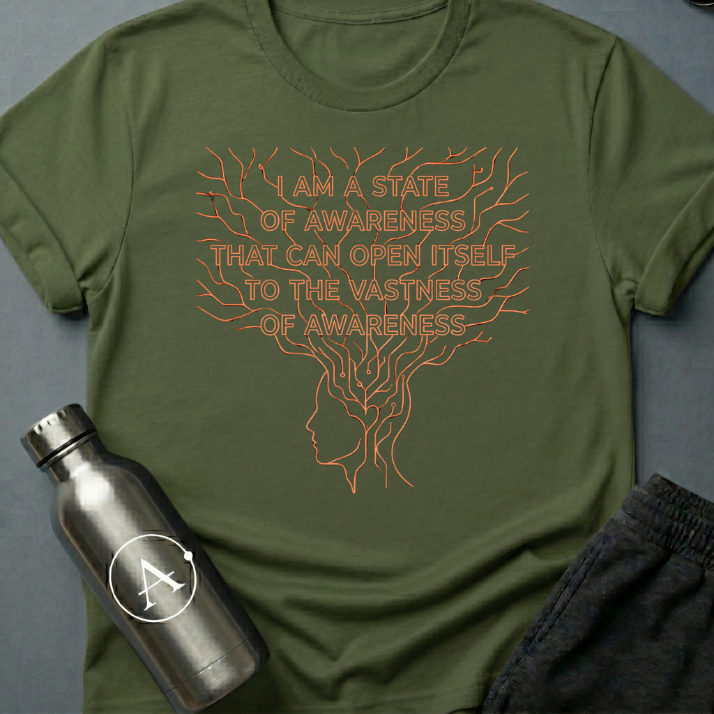 More Than Meat sci-fi t-shirt — a line-drawn profile head branching upward into a wide root system that frames the text — Military Green unisex tee — Apsion Outpost