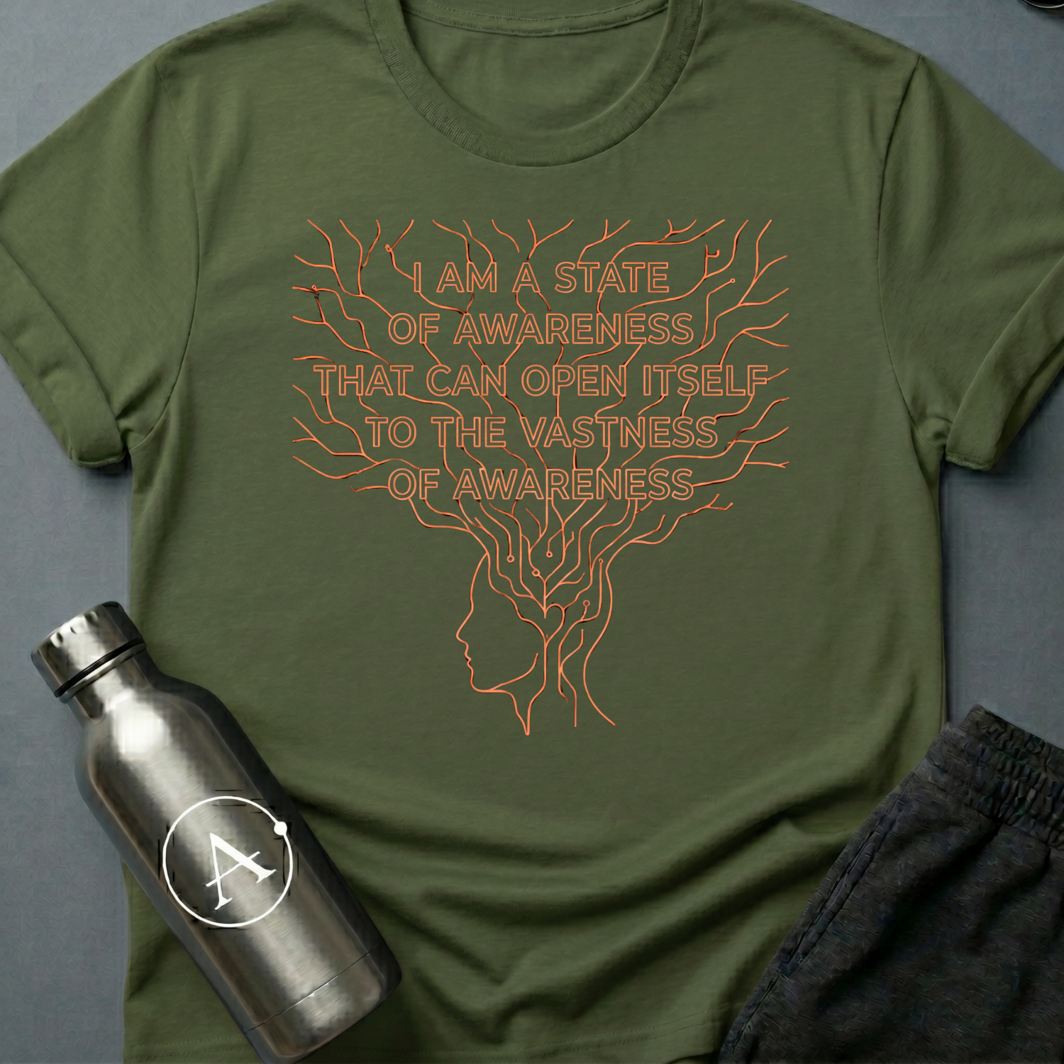More Than Meat sci-fi t-shirt — a line-drawn profile head branching upward into a wide root system that frames the text — Military Green unisex tee — Apsion Outpost