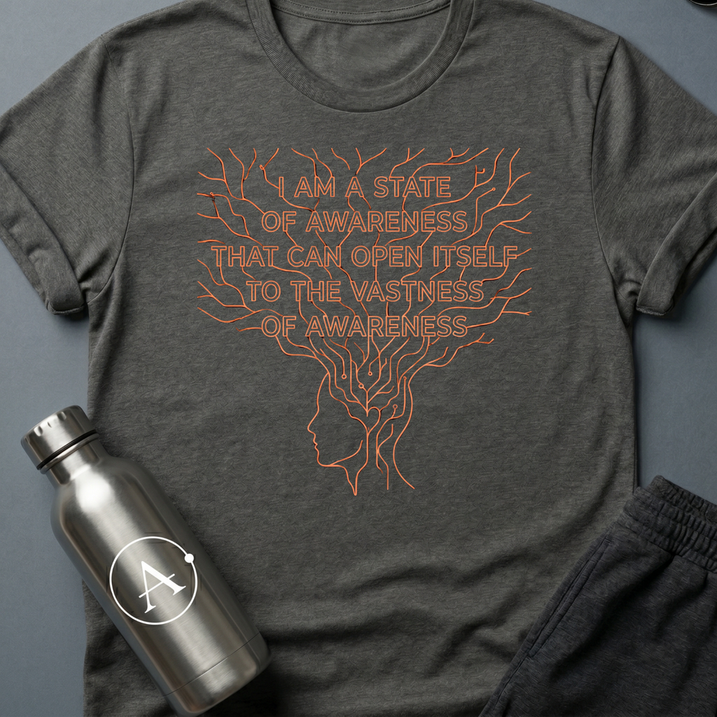More Than Meat sci-fi t-shirt — a line-drawn profile head branching upward into a wide root system that frames the text — Dark Heather unisex tee — Apsion Outpost