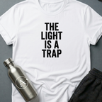 Refused Boarding sci-fi t-shirt — heavy stencil type reading THE LIGHT IS A TRAP over a warning line — White unisex tee — Apsion Outpost
