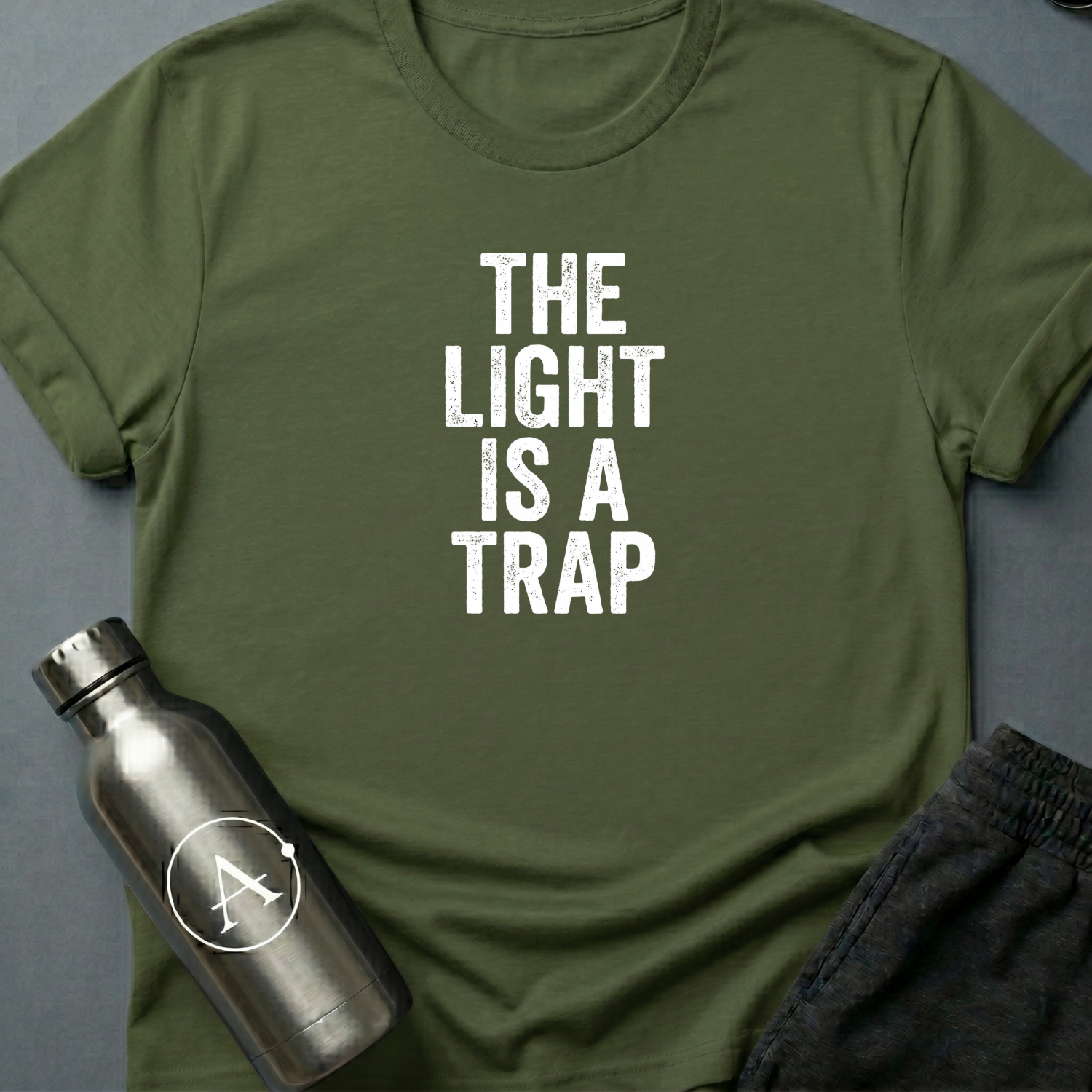 Refused Boarding sci-fi t-shirt — heavy stencil type reading THE LIGHT IS A TRAP over a warning line — Military Green unisex tee — Apsion Outpost
