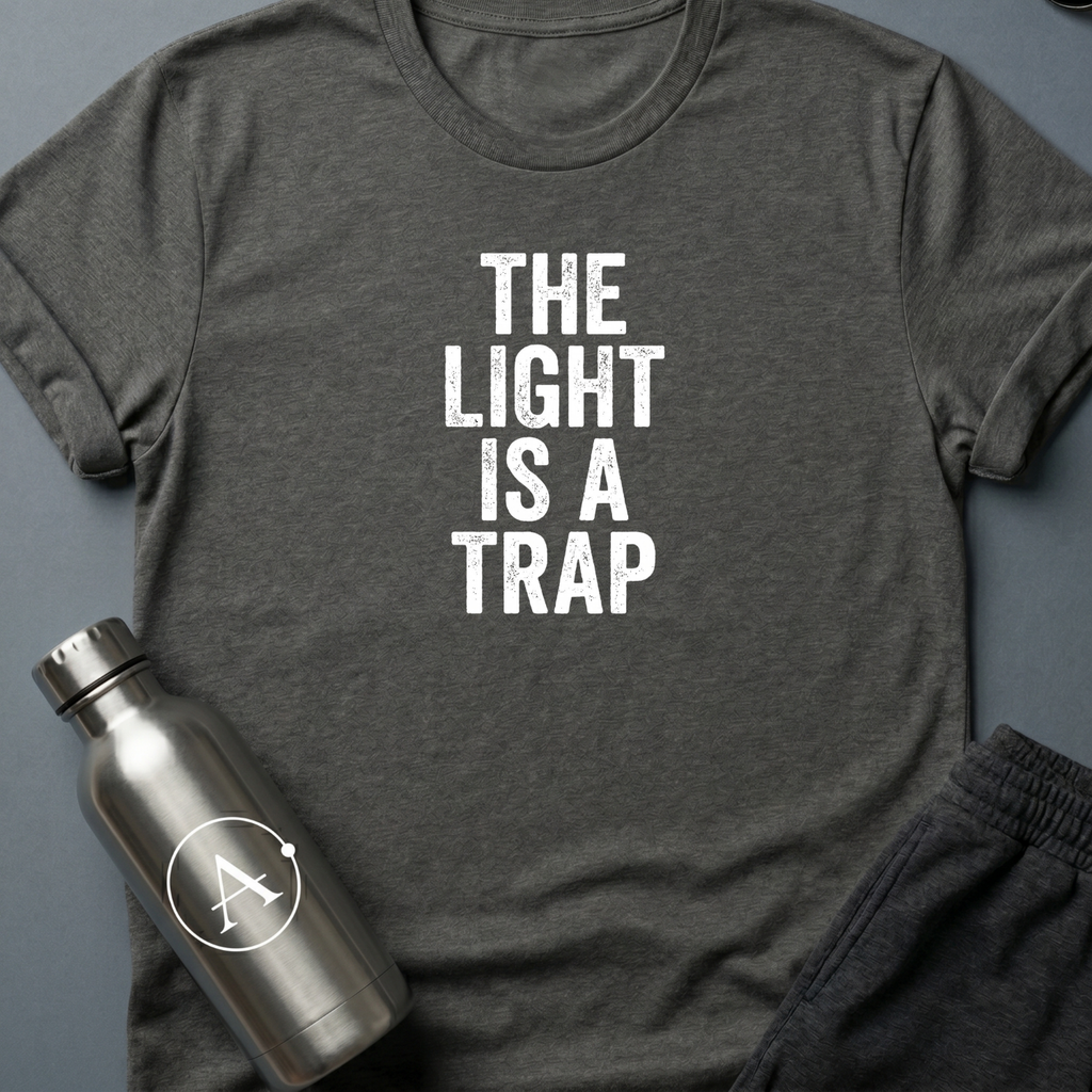 Refused Boarding sci-fi t-shirt — heavy stencil type reading THE LIGHT IS A TRAP over a warning line — Dark Heather unisex tee — Apsion Outpost