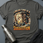 Strong Recommendation sci-fi t-shirt — time-traveling scientist, 'Linear time is a suggestion' — Dark Heather unisex tee — Apsion Outpost