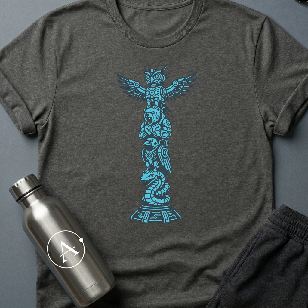 Spirit Hardware sci-fi t-shirt — cybernetic totem pole — Dark Heather unisex tee — Apsion Outpost