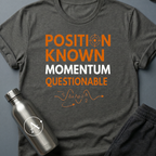Vector Unclear sci-fi t-shirt — Heisenberg uncertainty principle, 'Position known, momentum questionable' — Dark Heather unisex tee — Apsion Outpost