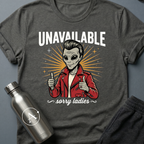 Slick Richard sci-fi t-shirt — alien greaser in red leather jacket, 'Unavailable, sorry ladies' — Dark Heather unisex tee — Apsion Outpost