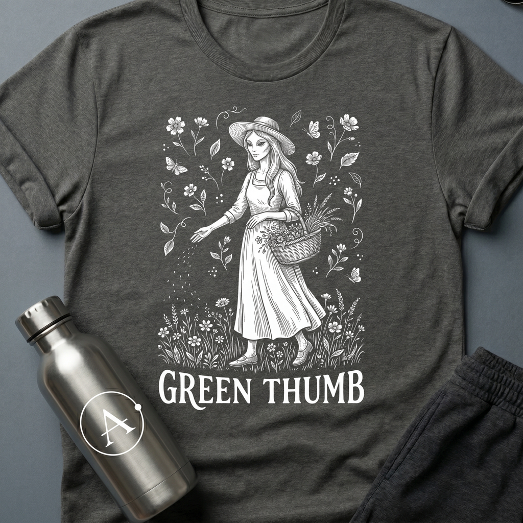The Gardner sci-fi t-shirt — Victorian woman gardening among wildflowers, 'Green thumb' — Dark Heather unisex tee — Apsion Outpost
