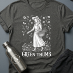The Gardner sci-fi t-shirt — Victorian woman gardening among wildflowers, 'Green thumb' — Dark Heather unisex tee — Apsion Outpost