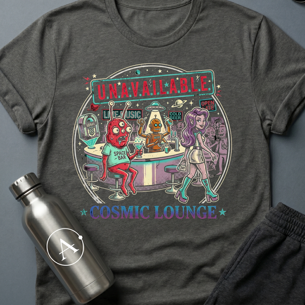 Moonlighting sci-fi t-shirt — Cosmic Lounge cartoon bar scene, 'Unavailable' — Dark Heather unisex tee — Apsion Outpost