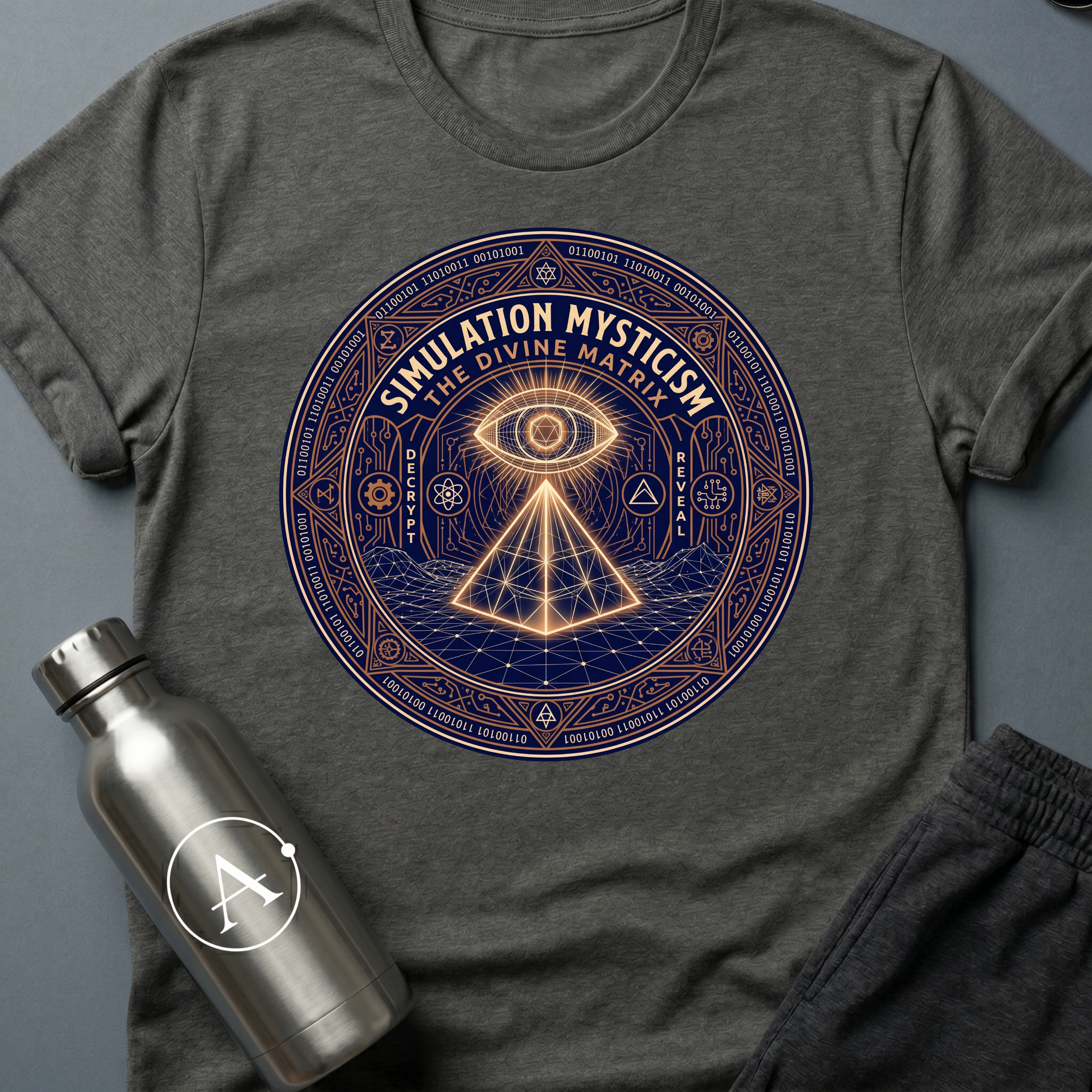 Source Code Seance sci-fi t-shirt — Simulation Mysticism mandala with all-seeing eye — Dark Heather unisex tee — Apsion Outpost