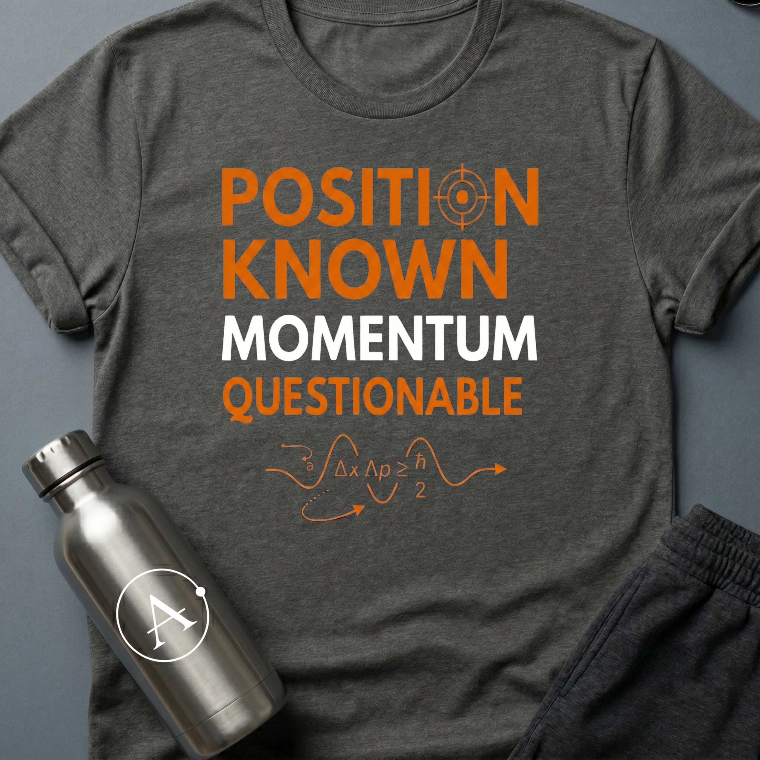 Vector Unclear sci-fi t-shirt — Heisenberg uncertainty principle, 'Position known, momentum questionable' — Dark Heather unisex tee — Apsion Outpost