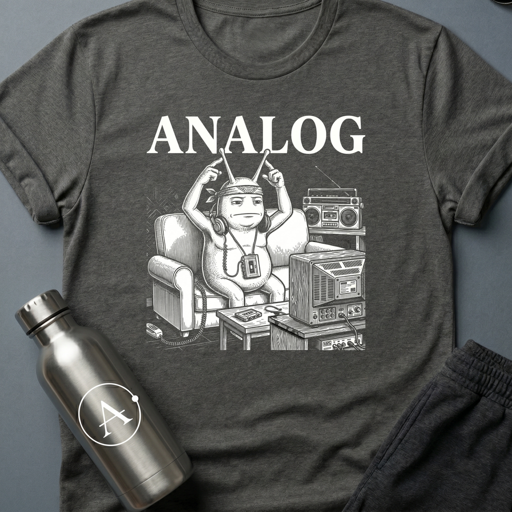 Tape Deck Native sci-fi t-shirt — analog couch potato with TV antennae, 'Analog' — Dark Heather unisex tee — Apsion Outpost