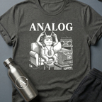Tape Deck Native sci-fi t-shirt — analog couch potato with TV antennae, 'Analog' — Dark Heather unisex tee — Apsion Outpost