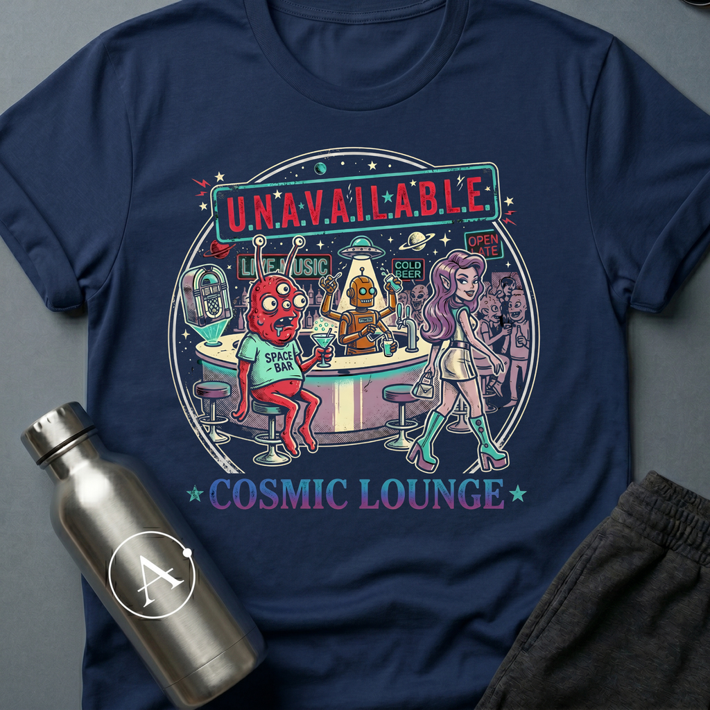 Moonlighting sci-fi t-shirt — Cosmic Lounge cartoon bar scene, 'Unavailable' — Navy unisex tee — Apsion Outpost