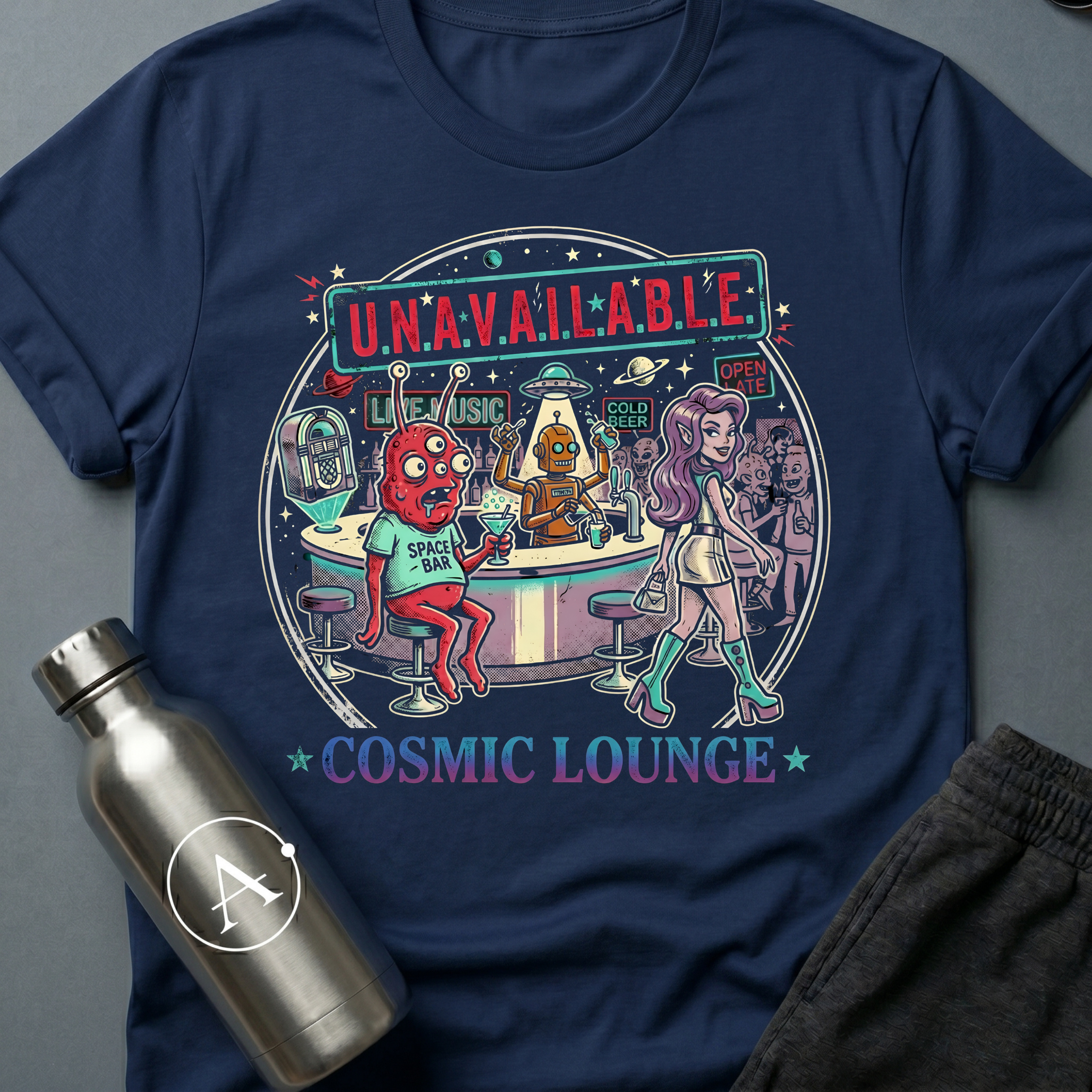 Moonlighting sci-fi t-shirt — Cosmic Lounge cartoon bar scene, 'Unavailable' — Navy unisex tee — Apsion Outpost