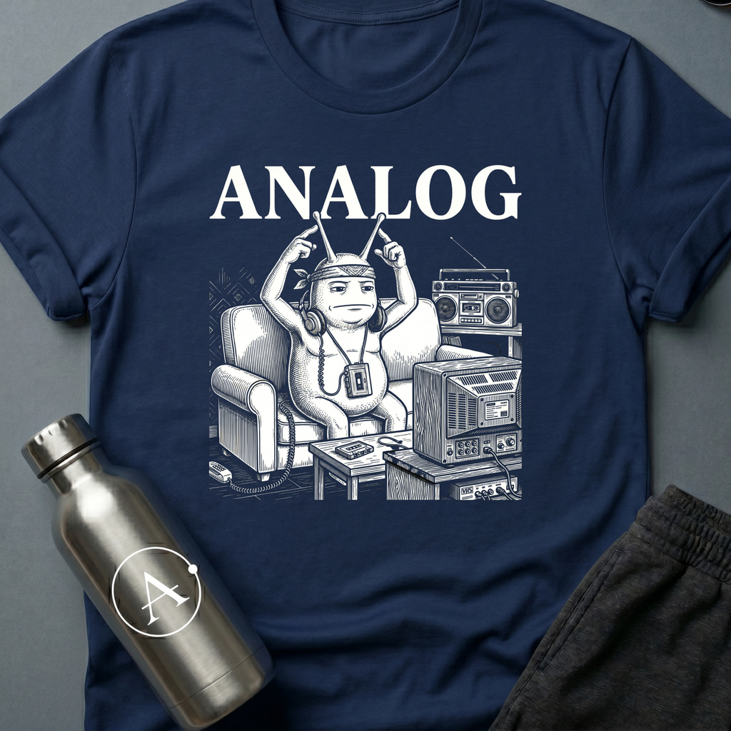 Tape Deck Native sci-fi t-shirt — analog couch potato with TV antennae, 'Analog' — Navy unisex tee — Apsion Outpost
