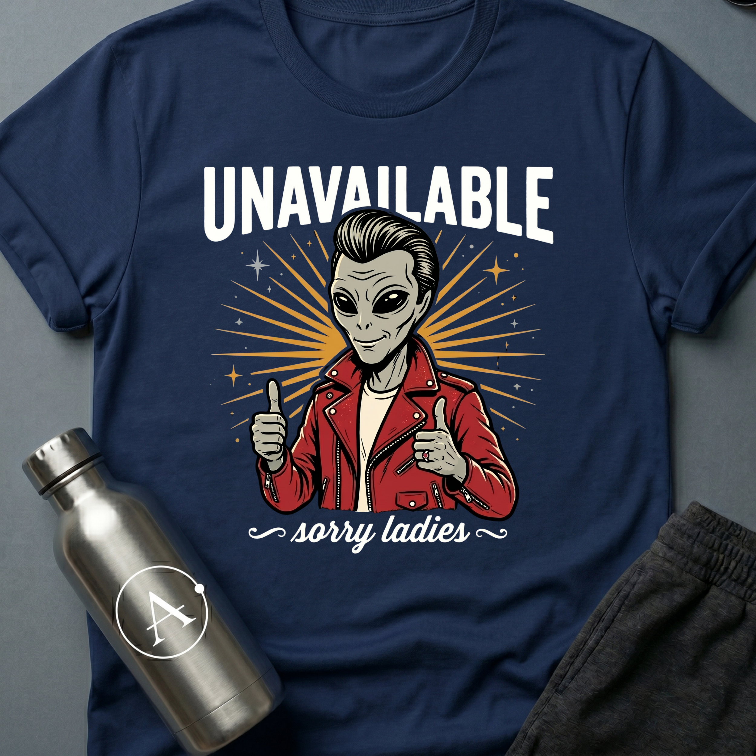 Slick Richard sci-fi t-shirt — alien greaser in red leather jacket, 'Unavailable, sorry ladies' — Navy unisex tee — Apsion Outpost