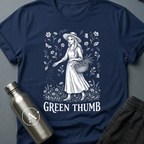 The Gardner sci-fi t-shirt — Victorian woman gardening among wildflowers, 'Green thumb' — Navy unisex tee — Apsion Outpost