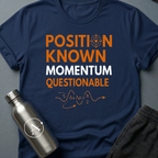 Vector Unclear sci-fi t-shirt — Heisenberg uncertainty principle, 'Position known, momentum questionable' — Navy unisex tee — Apsion Outpost