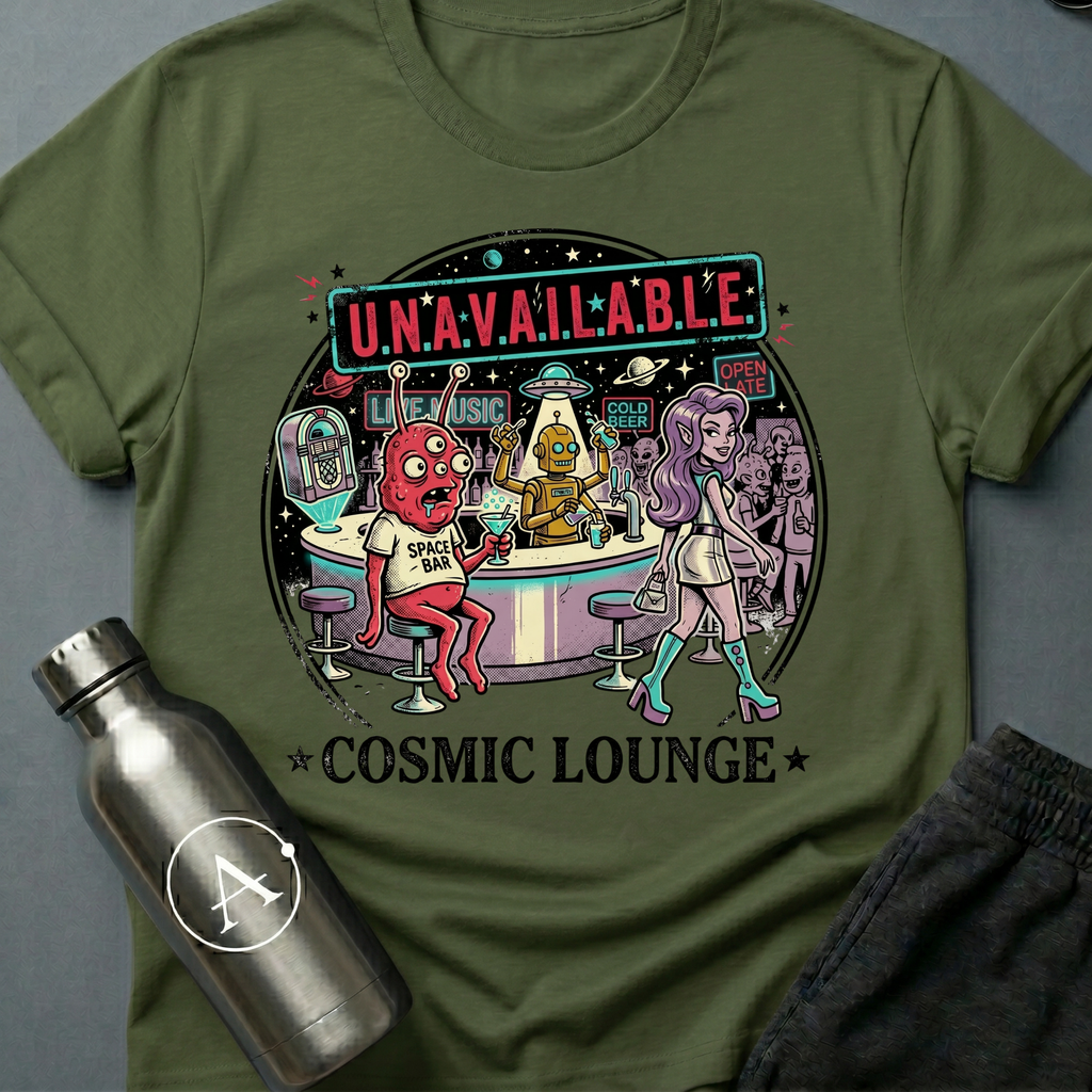 Moonlighting sci-fi t-shirt — Cosmic Lounge cartoon bar scene, 'Unavailable' — Military Green unisex tee — Apsion Outpost