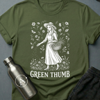 The Gardner sci-fi t-shirt — Victorian woman gardening among wildflowers, 'Green thumb' — Military Green unisex tee — Apsion Outpost