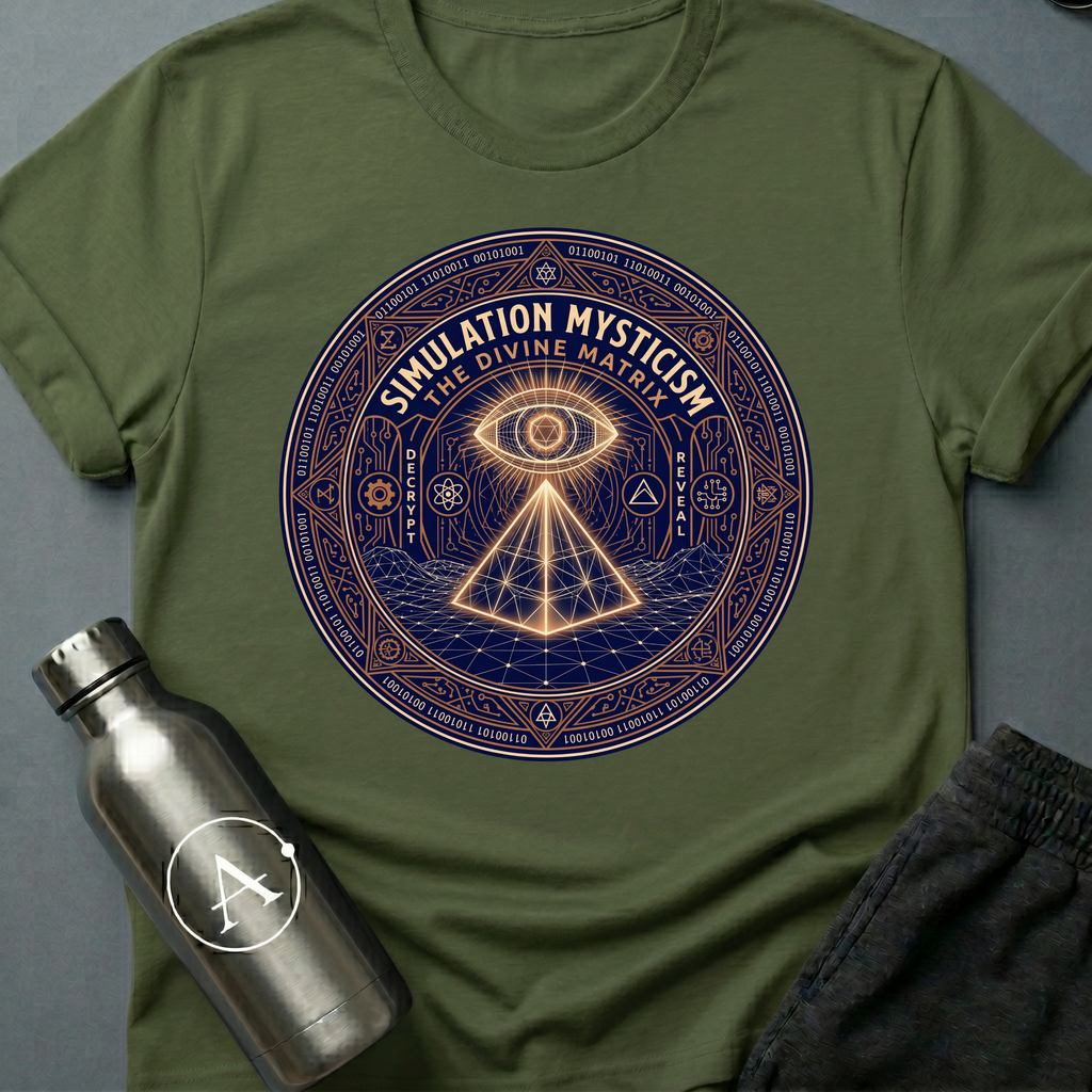 Source Code Seance sci-fi t-shirt — Simulation Mysticism mandala with all-seeing eye — Military Green unisex tee — Apsion Outpost