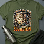 Strong Recommendation sci-fi t-shirt — time-traveling scientist, 'Linear time is a suggestion' — Military Green unisex tee — Apsion Outpost